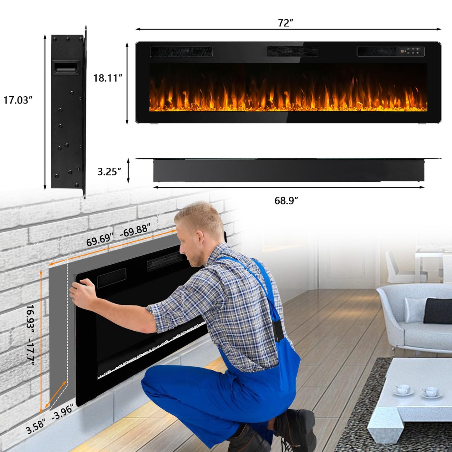 BOSSIN 72 inch Ultra-Thin Silence Linear Electric Fireplace, Recessed Wall Mounted Fireplace, Fit for 2 x 4 and 2 x 6 Stud, 12 Adjustable Flame Color & Speed,Touch Screen Remote Control with 8h Timer