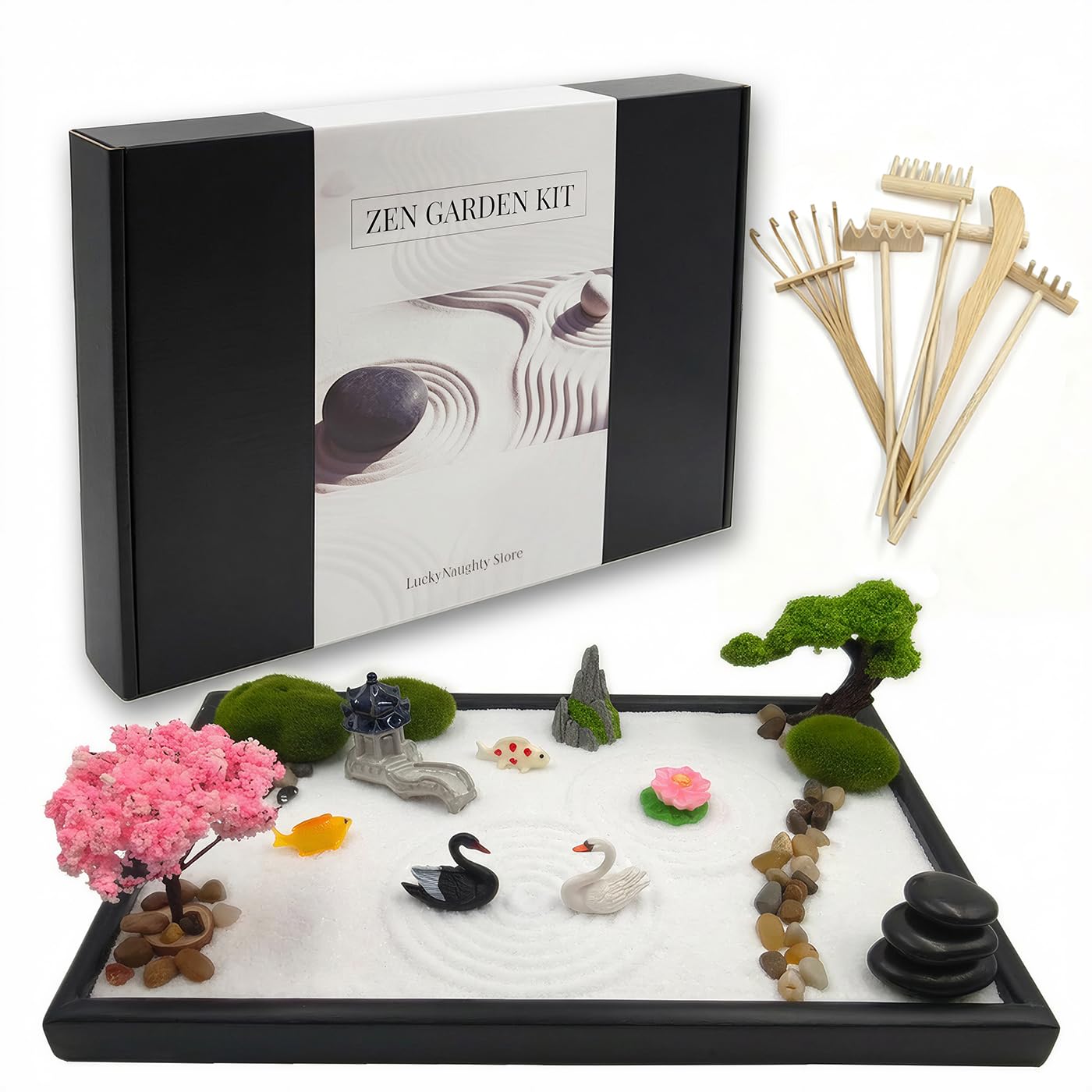 FotuKare Zen Garden for Desk, Japanese Garden Home Office Desktop Decor for Meditation Sand Tray Therapy Kit,11.8'' X 7.9'' Large Size,Bamboo Rake Tools, Valentine's Day Gift