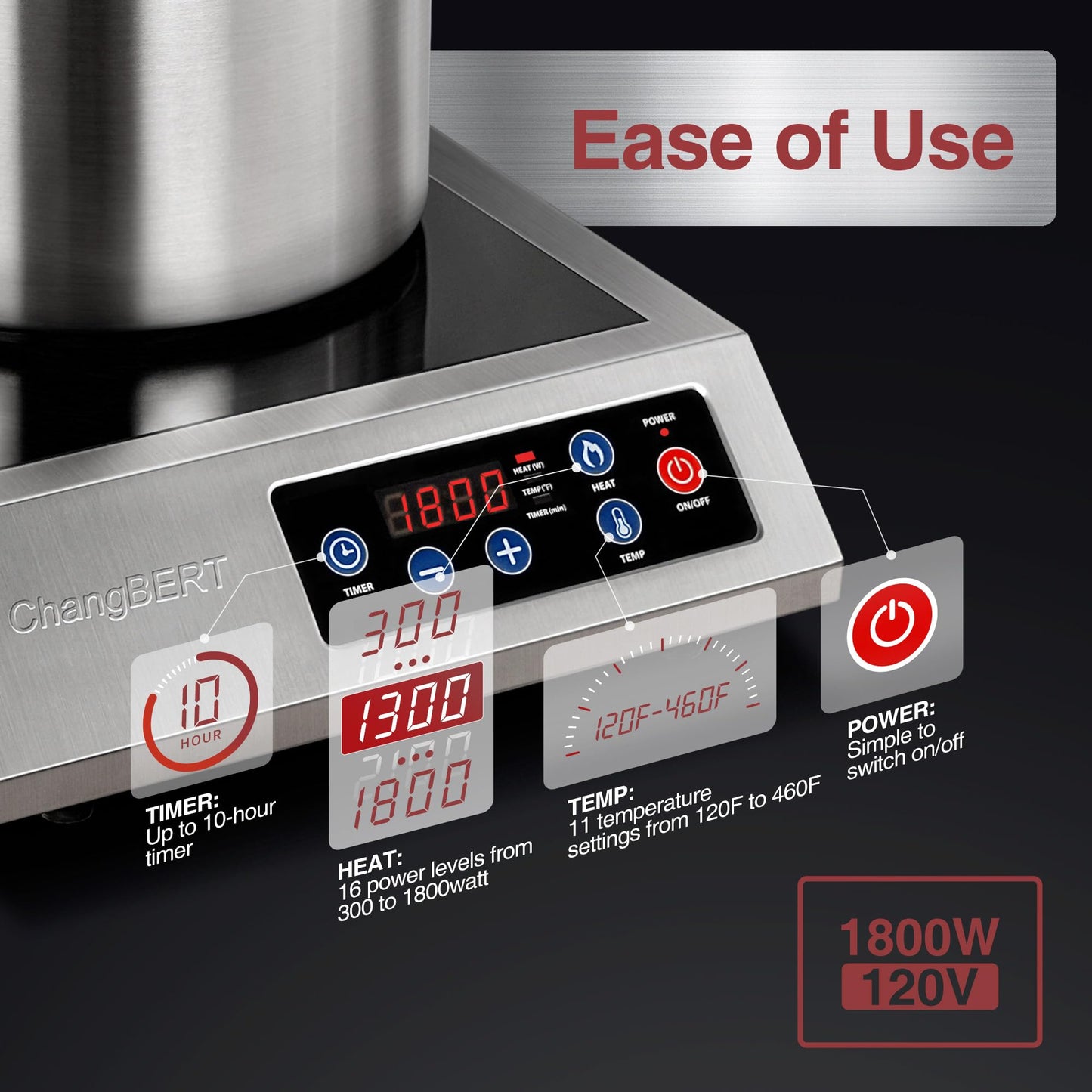 ChangBERT Portable Induction Cooktop 1800W NSF Certified Commercial Range Powerful Countertop Burner Pro Chef Professional Hot Plate 18/10 Stainless Steel Housing Schott Glass 10 Hours Timer