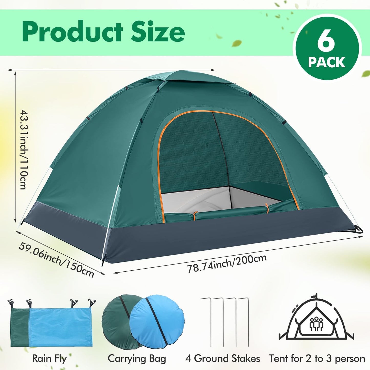 Woanger 6 Pack Bulk 2 Person Camping Tents for Homeless Lightweight Outdoor Tent with Rain Fly and Carrying Bag, Waterproof Windproof Setup Pop Up for Homeless Camping Backpacking(Blue Green)