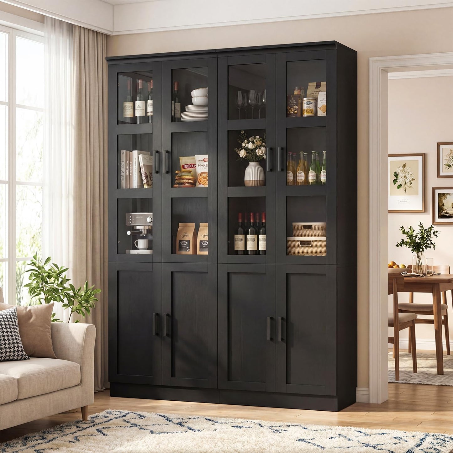 Unikito 79.7" Tall Kitchen Pantry Storage Cabinet, Freestanding Kitchen Hutch Cabinet with Tempered Glass Doors, Large Display Bookcase with Adjustable Shelves for Living Room, Dining Room, Black