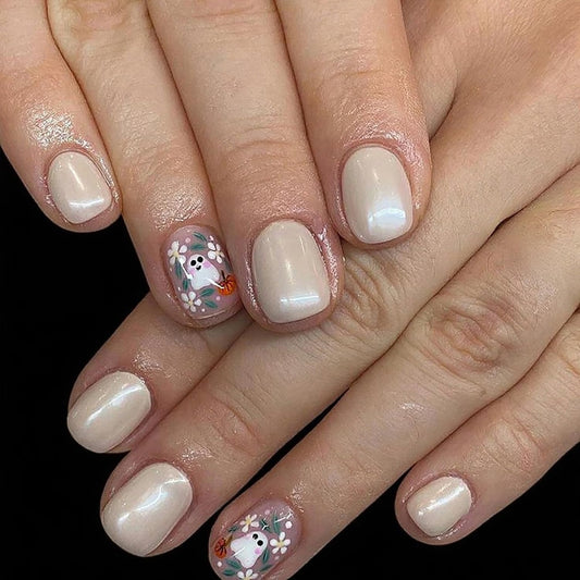 CJDLTS Halloween Press on Nails Short Square Cute Ghost False Nail Acrylic Artificial Fingernails Colorful Flowers Design Full Cover Glossy Festival Nude Stick on Nails for Women Supplies 24Pcs