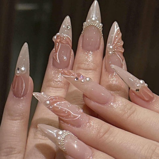 24Pcs Almond Press on Nails Medium Length 3D Fake Nails with Cute Mermaid Pearl Designs Charms Handmade Nail French Tip False Nails Press ons Summer Theme Stick on Nails for Women Manicure Decor
