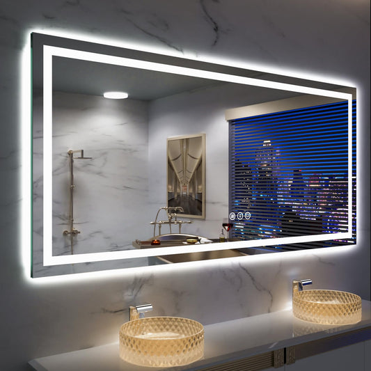 Amorho LED Mirror for Bathroom, 72''x 40'' with Front and Backlight, Large Dimmable Wall Mirrors with Anti-Fog, Shatter-Proof, Memory, 3 Colors, Double LED Vanity Mirror