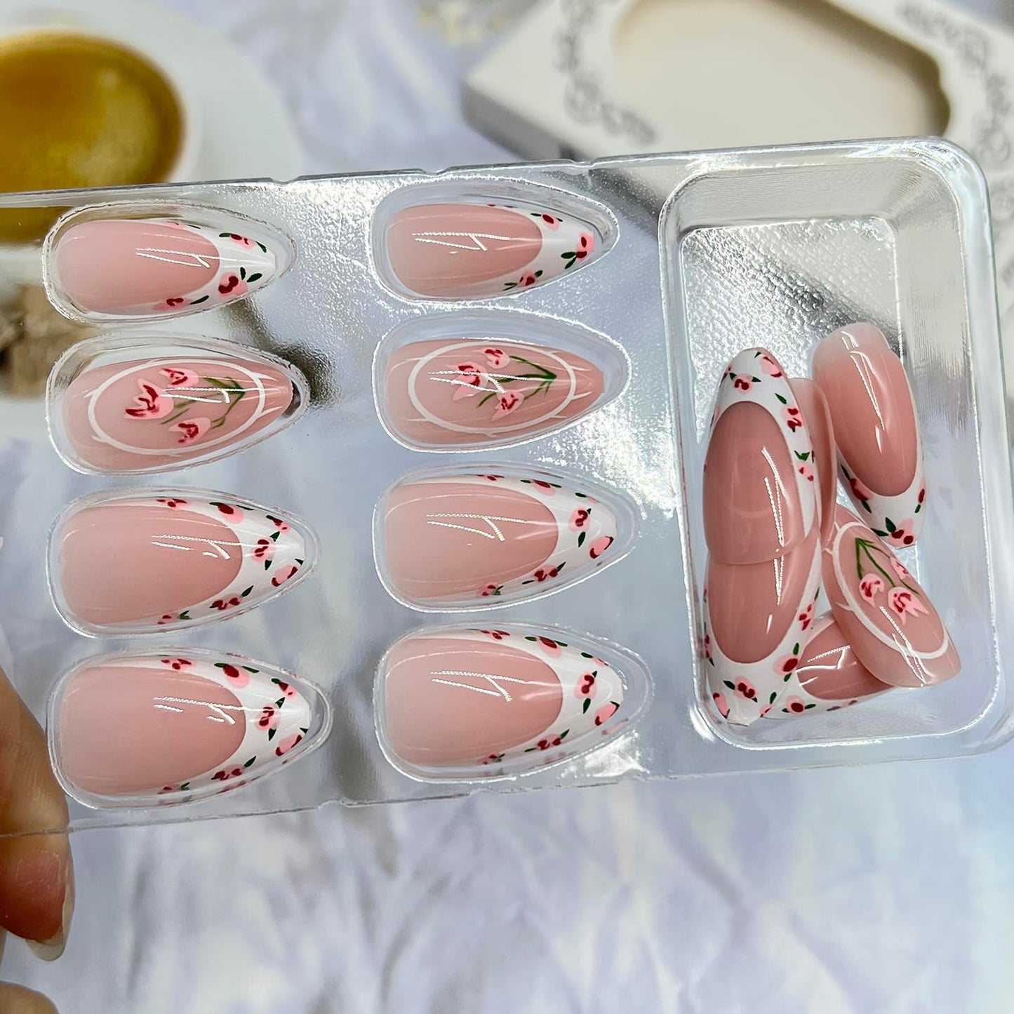 Pink Flower Press on Nails Medium Almond Fake Nails with Pink Tulip Design White French Tip False Nail Spring Full Cover Glossy Stick on Nail For Women Manicure 24 Pcs