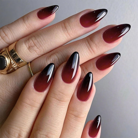 MERVF Press on Nails Medium Almond, Red and Black Ombre Fake Nails French Tip Blood Goth Glue ons Acrylic Nail Solid Color Design Supplies Glossy 24pcs