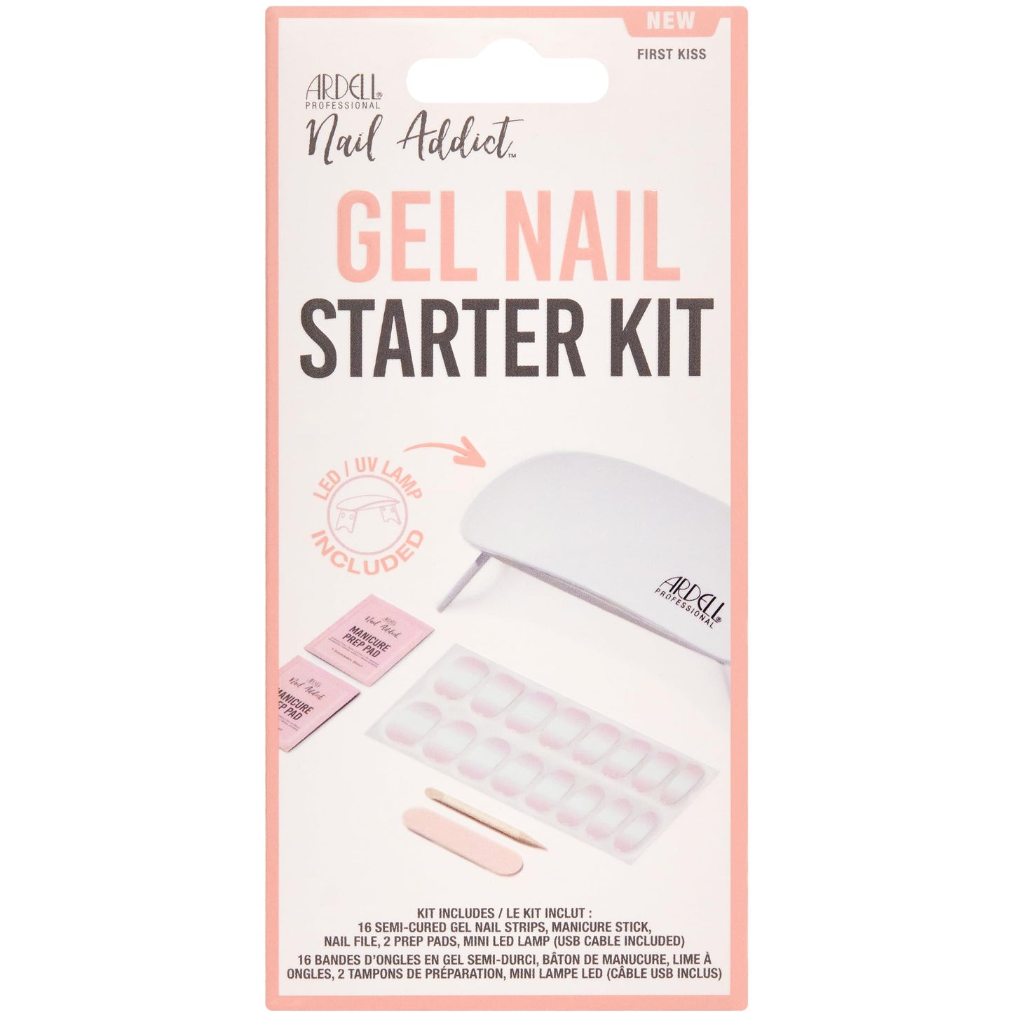 Ardell Nail Addict Gel Nail Starter Kit with Led Uv Light - First Kiss, Semi-Cured Gel Nails Strips, File & Prep Pad for Easy At-Home Diy Manicure, Pack of 1