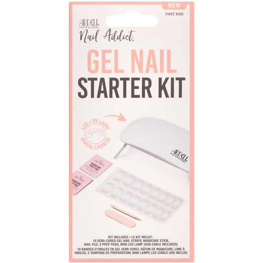 Ardell Nail Addict Gel Nail Starter Kit with Led Uv Light - First Kiss, Semi-Cured Gel Nails Strips, File & Prep Pad for Easy At-Home Diy Manicure, Pack of 1