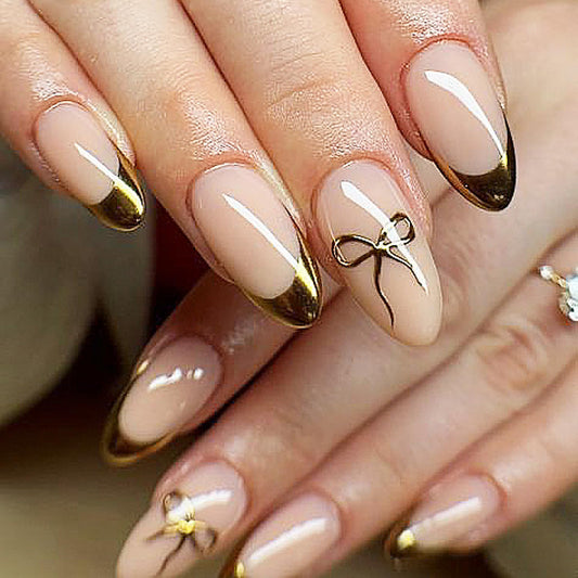 Gold French Tip Press on Nails Medium Almond, Bow Fake Nails with Glue, Full Cover Nude Glossy False Nails for Women DIY Manicure Decoration, 24PCS Reusable Acrylic Nails