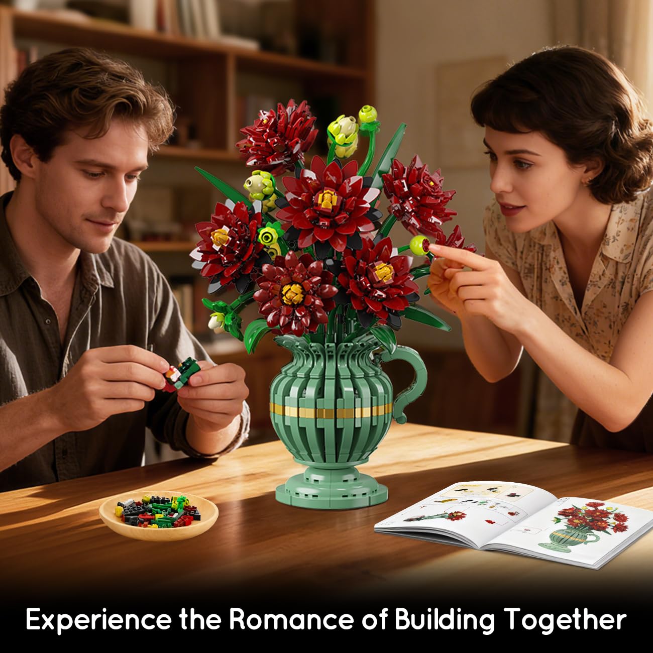 PLAXSOON Flowers Building Set, Dahlia Flower Bouquet Gift for Mothers Day Botanical Collection Building Block for Women Her Adult, 1482 PCS Gothic Plant Bonsai Kit Decor for Mom Wife Couple Girls 12+