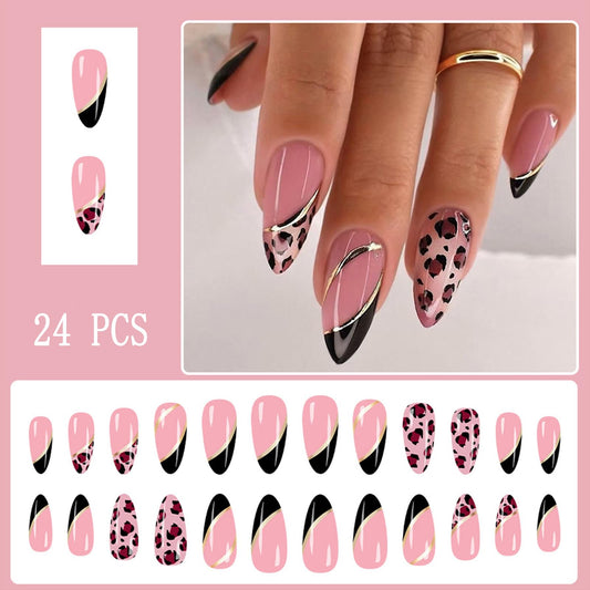 Leopard Press on Nails Medium Almond Fake Nails with Gold Line French Tip False Nail Glossy Black Acrylic Nail Full Cover Chrome Striped Fall Stick on Nails for Women Manicure 24Pcs