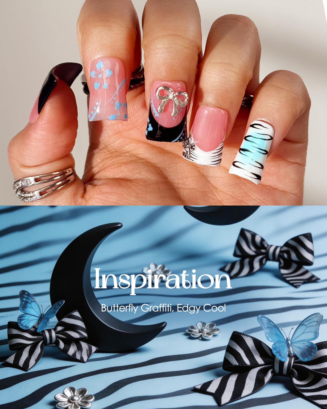 Buleens Handmade Press on Nails Acrylic Duck Nails-10pcs Short Chic Pink Bow Graffiti 3D Fake Nails Kits with Glue
