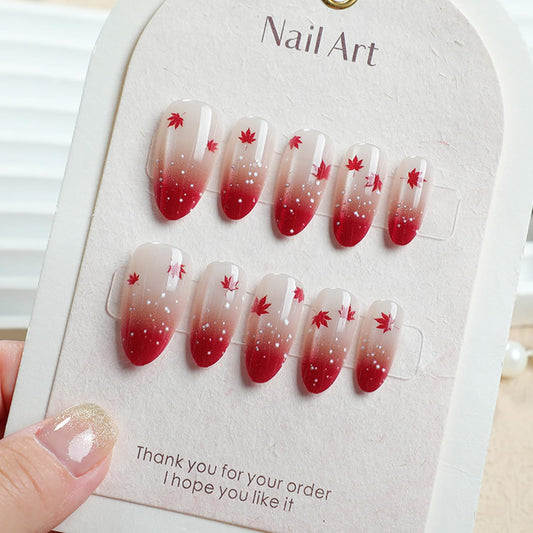 30Pcs Autumn Press on Nails Medium Almond Artificial Acrylic False Nails French Red Tip Maple Leaf Design Stick on Nail Thanksgiving Full Cover Artificial Fingernails for Women Festival Manicure
