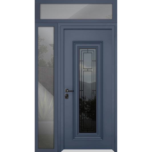 VDOMDOORS Front Exterior Prehung Steel Door/Ballucio 6044 Gray Graphite/Side and Top Exterior Window/Stainless Inserts Single Modern Painted-W36+12" x H80+16"-Right-Hand Inswing