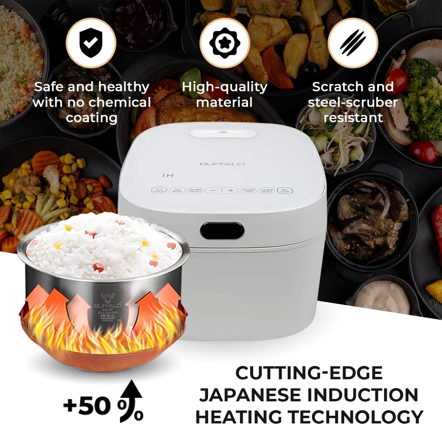 Buffalo SMART COOKER Induction Heating IH Rice Cooker and Warmer, 1 L, 5 cups of rice, Non-Coating inner pot, Efficient, Multiple function, White (5 cups)