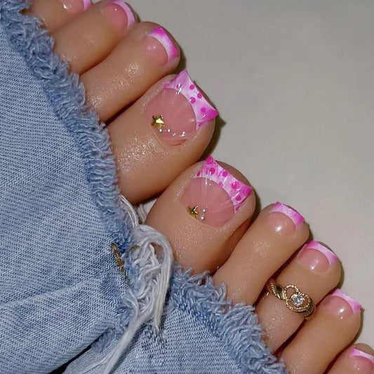 MISUD Press on Toenails - Fake Toe Nails with Pink French Tip, Acrylic Toenail 3D Shell Design 24 pcs