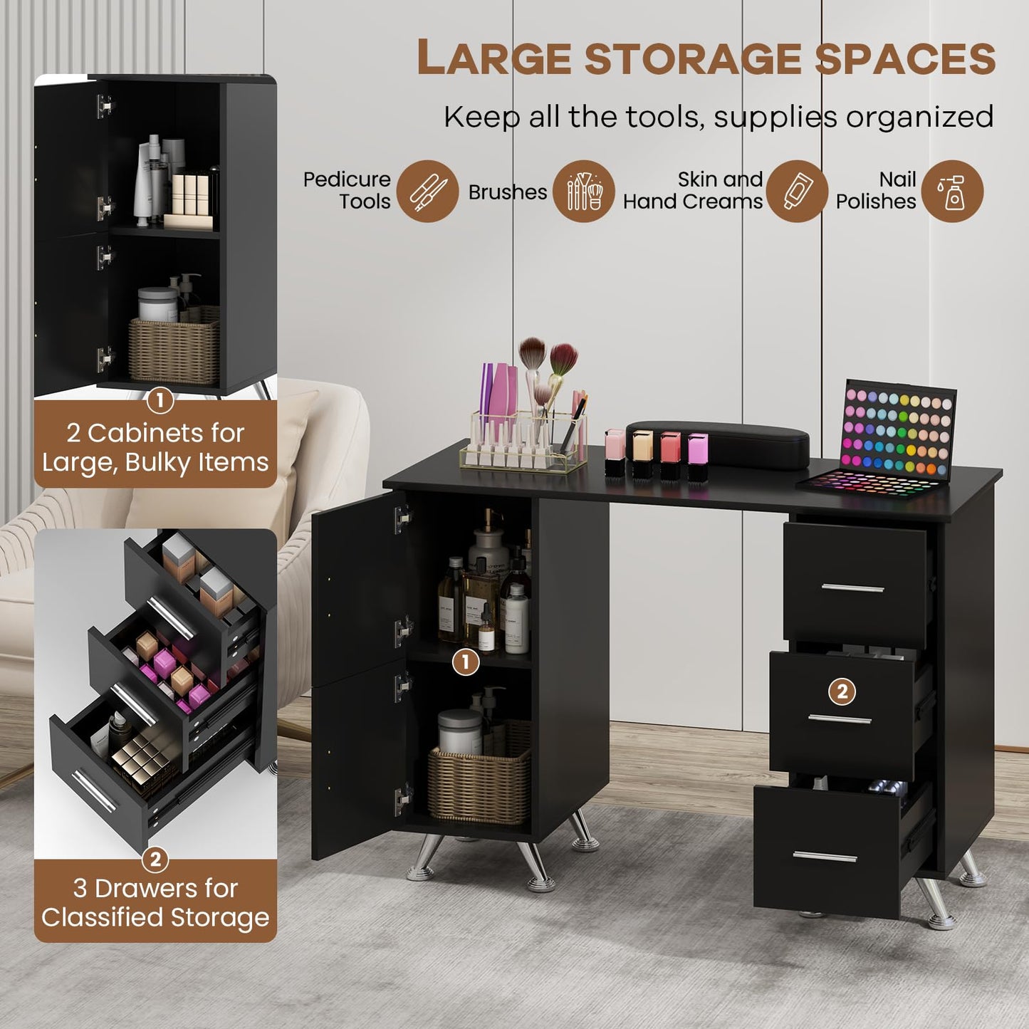 WELLHUT Nail Desk, Manicure Table for Nail Tech, Wooden Salon Station, Acetone Resistant Nail Table Computer Desk with 3 Drawers, 2 Large Cabinets, Removable Arm Rest for Home Spa Beauty Salon