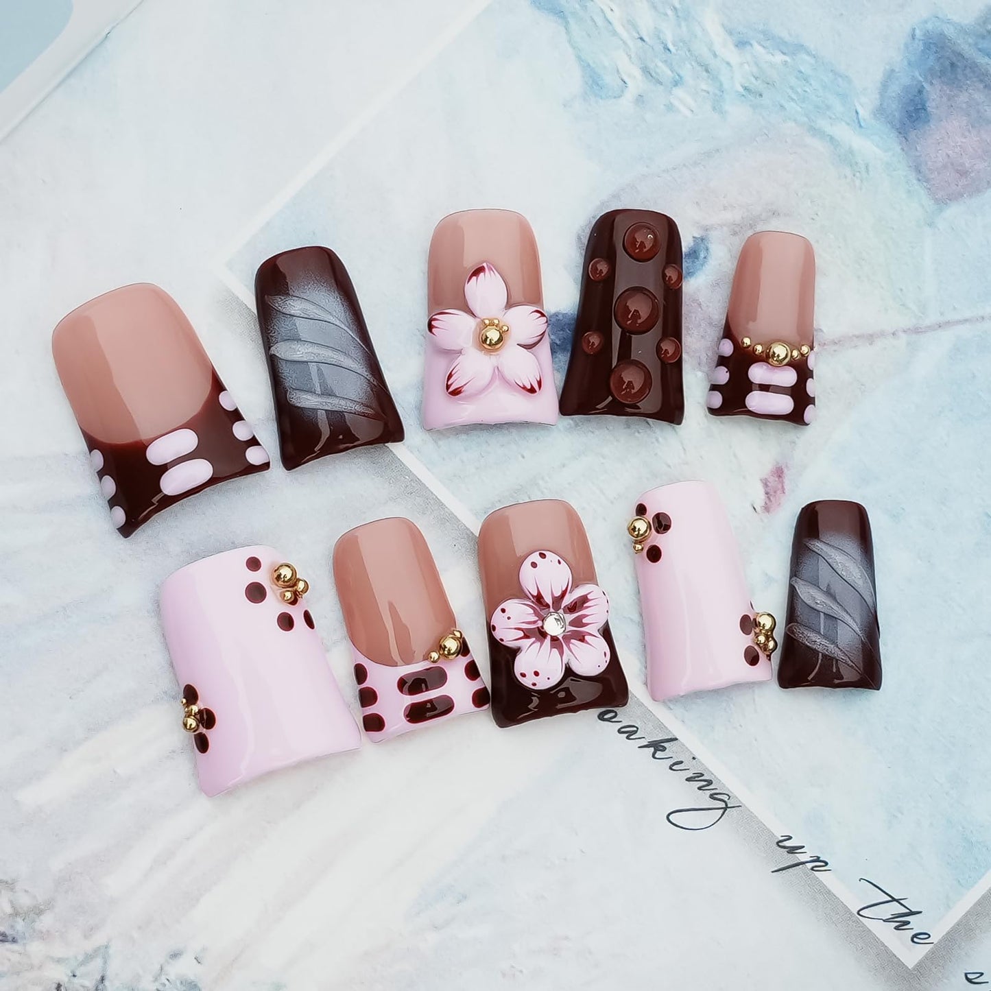 Tesytto Handmade Press on Nails Short Duck - Burgundy Nude Pink Ombre French Tip with 3D Cherry Flower & Y2K Gold Beads, Summer Reusable Acrylic Full Cover (Blush Mauve Flower Waltz, L)