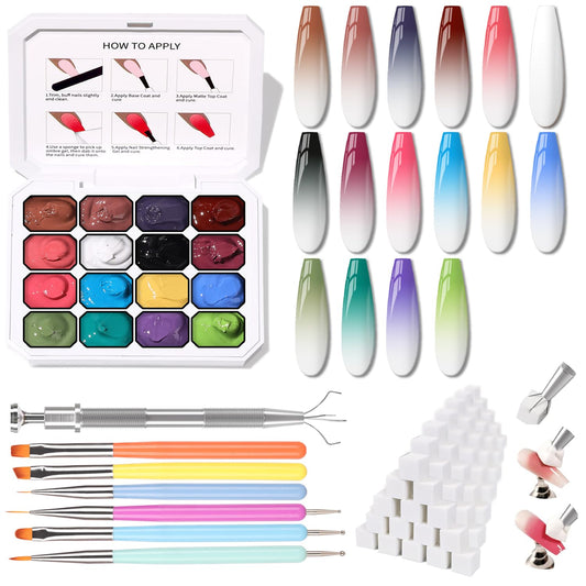 Karroy Sponges Pat Gel Nail Polish Palette, 16 Colors Blending Ombre Gel Polish Set Patting Gradient Painting Nails Art, No Wipe, UV/LED Cured, 100Sponges 6Brushes 1Grabber Tools Kit (Set 02)