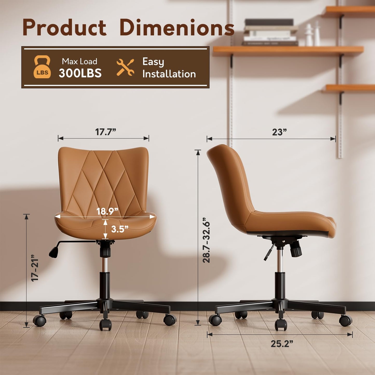 Brown Leather Armless Desk Chair, Soft Ergonomic Cushion, Height Adjustable, Rocking, Home Office