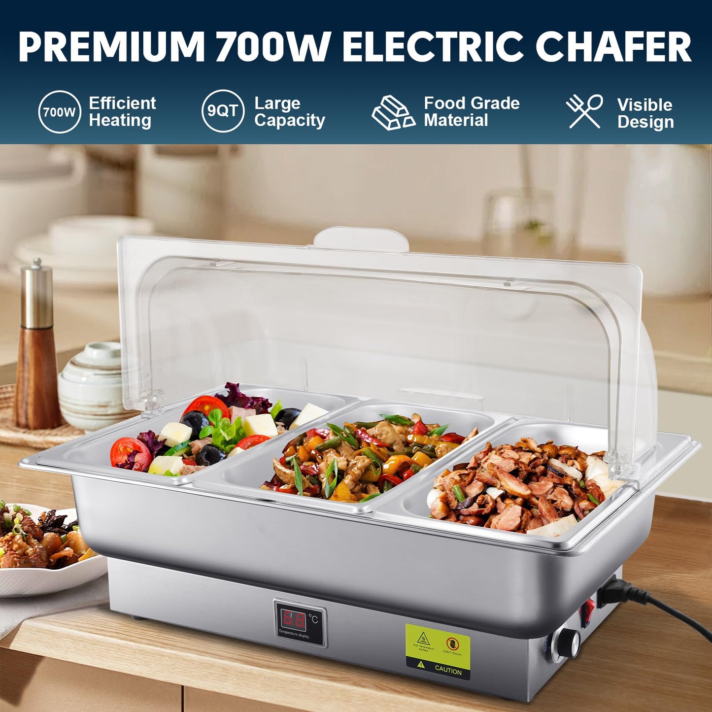 THXSUN Electric Chafing Dish, 3 x 3QT Size Electric Chafing Dish Buffet Set with Rotary Knob Adjustable Temp, 700W Electric Buffet Servers and Warmers with Roll Top for Catering