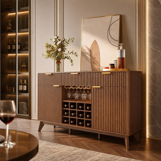 60" Wide Fluted Wine Bar Cabinet with Storage, Modern Buffet Sideboard with 2 Side Cabinets, 3 Drawers, Liquor Rack and Glass Holder, Adjustable Shelves, Alcohol Indoor Bars for Kitchen, Living Room