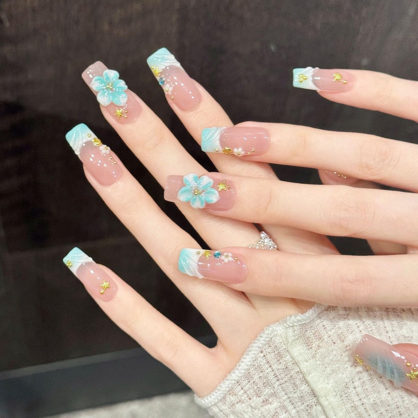 10 Pcs Handmade Press on Nails Medium Square Fake Nails with Blue 3D Flower Design False Nails Pink Acrylic French Tip Press Ons Nails Square M Size for Women Ocean Manicure