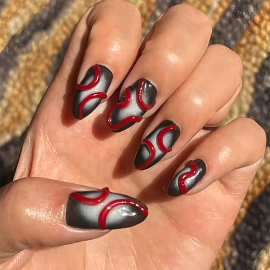 IMRAIN Press on Nails Medium Almond Fake Nails Black White Ombre False Nails with 3D Red Line Designs Full Cover Glossy Y2K DIY Nail Supplies Glue on Nails for Women Girls 24Pcs