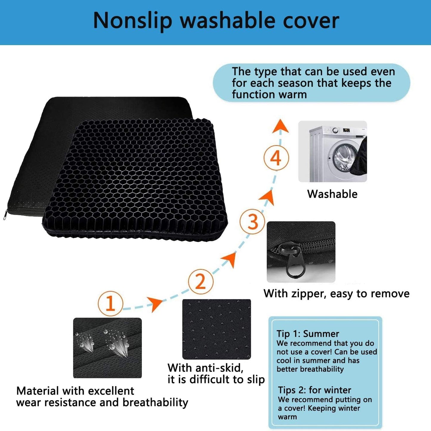 Fzitiy Gel Seat Cushion, for Long Sitting -Double Thick Gel Seat Cushion Breathable Honeycomb Chair Cushion with Non-Slip Cover for Office Chair Car, Wheelchair, Long Trips,Relief Sciatica Pain