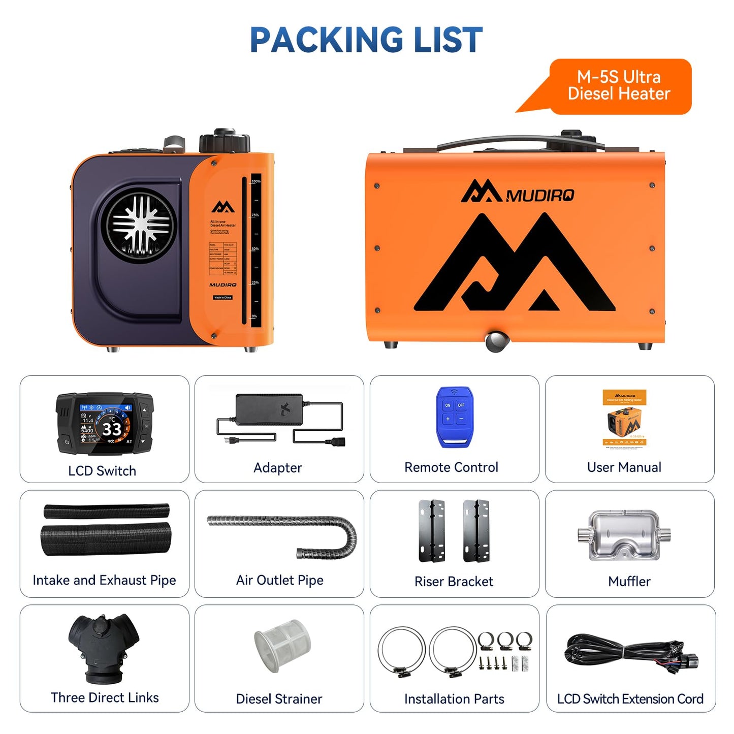 Diesel Heater Ultra, 12V/24V/110V 8KW with CO Protection (Auto Shut-off & Alarm), Thermostat, Remote, TFT Display, Auto Altitude Adjustment, Chinese Diesel Heater for Camping, RV, Tent