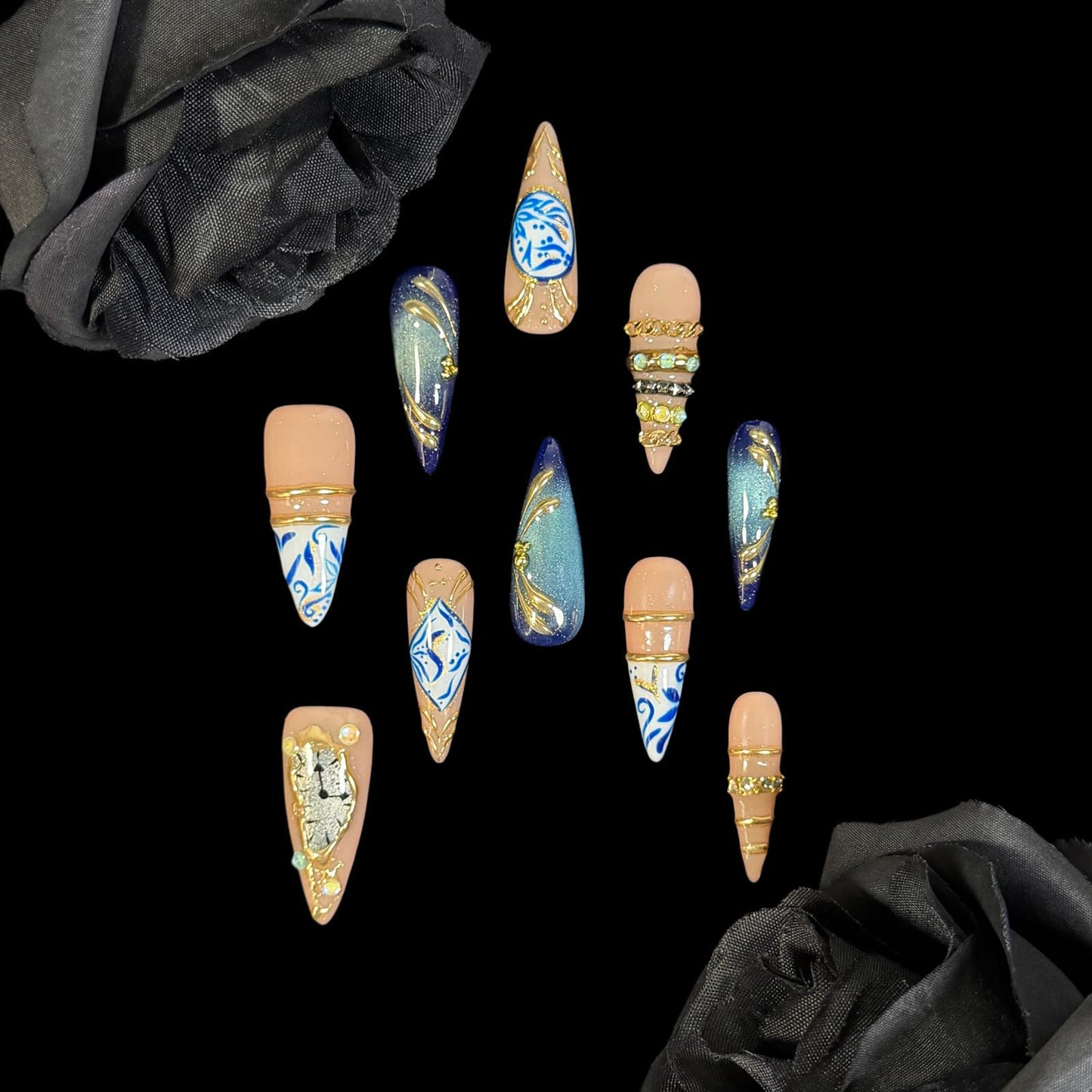 3D Handcrafted Press On Nails, Luxury Fake Nails with Porcelain Pattern, Ring Jewelry Inspired & Unique Clock Face Design, Reusable Acrylic False Nails Navy Blue (L)