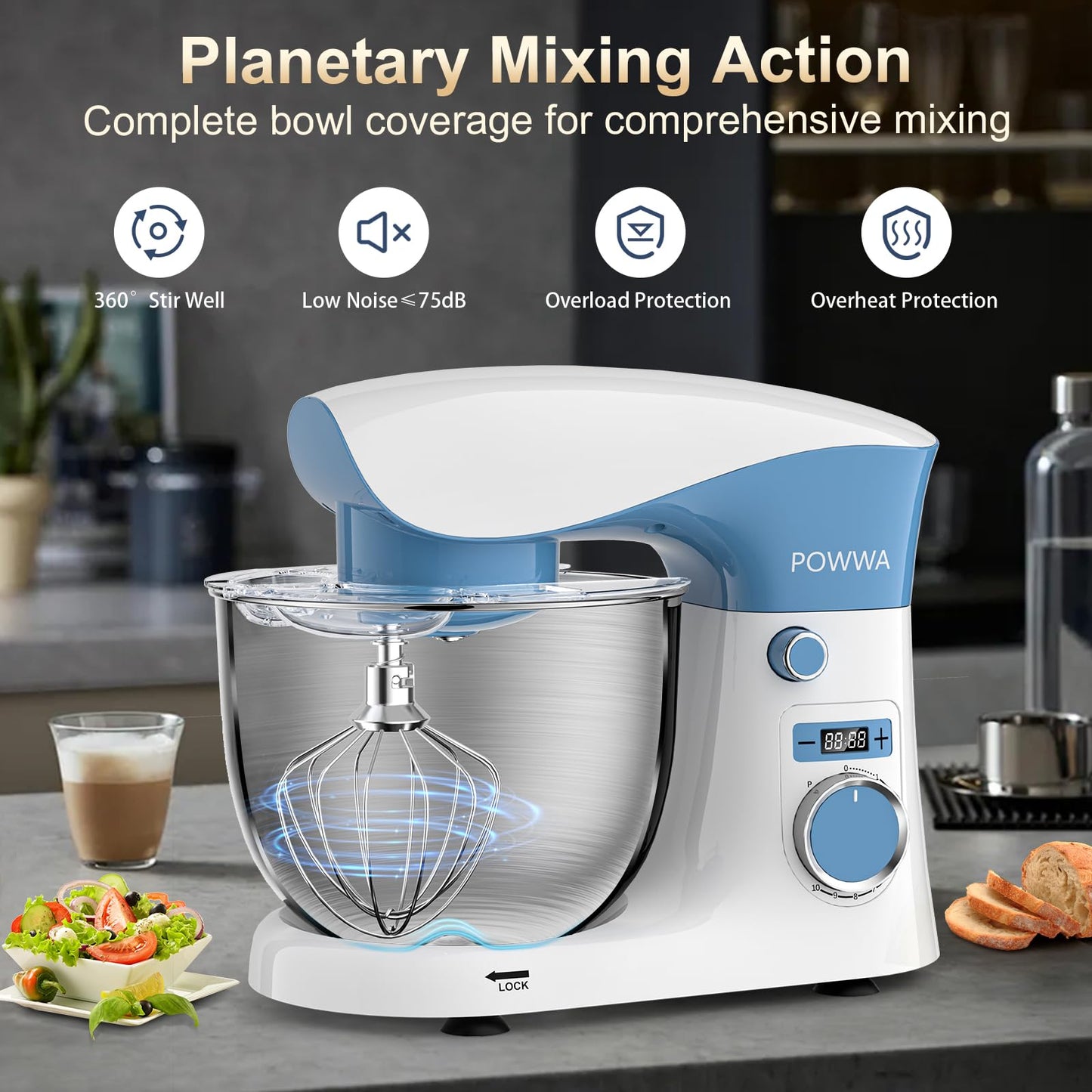 Stand Mixer, POWWA 6.5 QT 10 Speeds Tilt-Head Electric Stand Mixer, 3-In-1 Kitchen Mixer with Bowl, Dough Hook, Whisk and Beater, Food Mixer for Baking and Daily Use (White Blue)