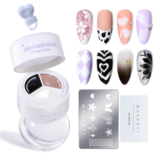 Makartt ColorPot 5-in-1 Nail Art Gel: 3 Colors Gel Nail Polish No Wipe with Nail Stamp for Stamping, Ombre Patting, Painting, Sculpting & French Tips with Silicone Head for Manicure Home DIY Salon