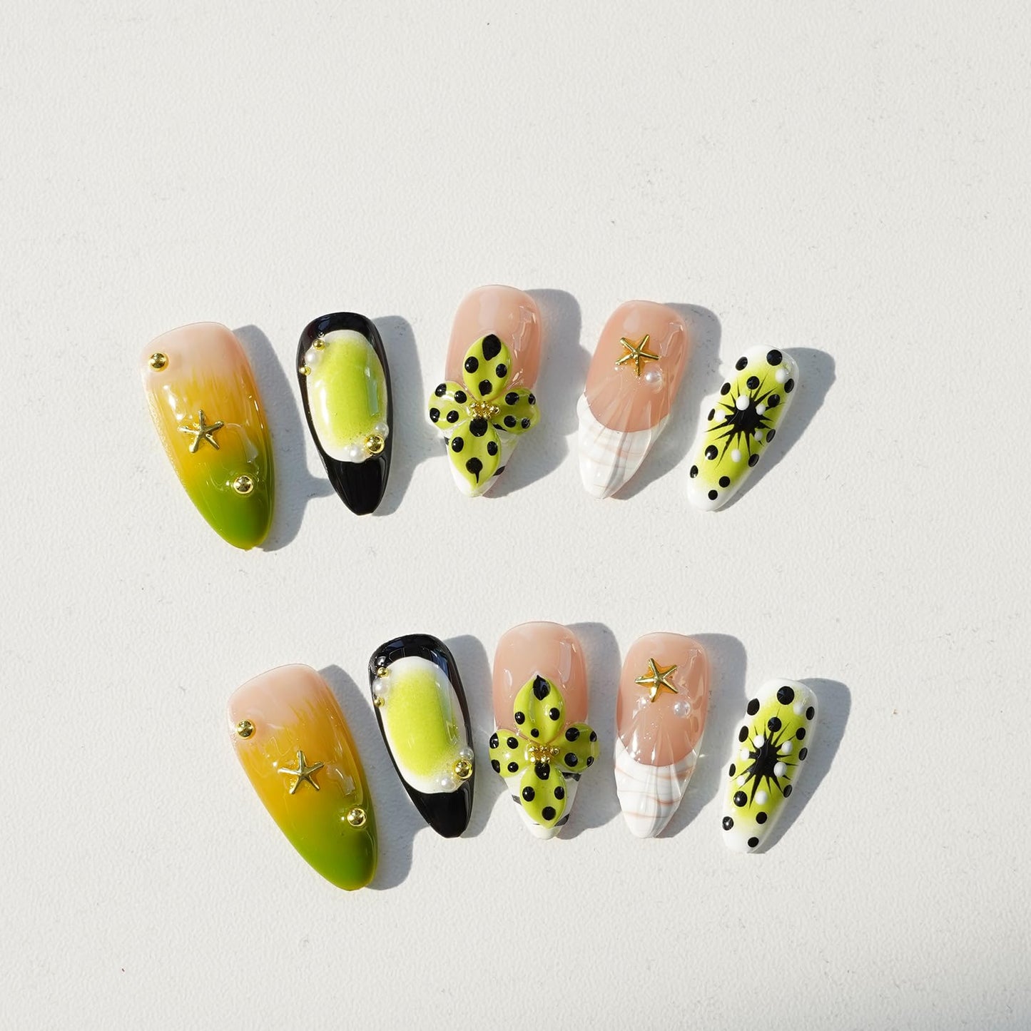 Handmade Press on Nails for Women - Medium Almond 3D Thick Acrylic Reusable Fake Nails with Designs Summer Floral Boho Funky Tropical Cute Nail-art Set 10pcs,neon-green,M
