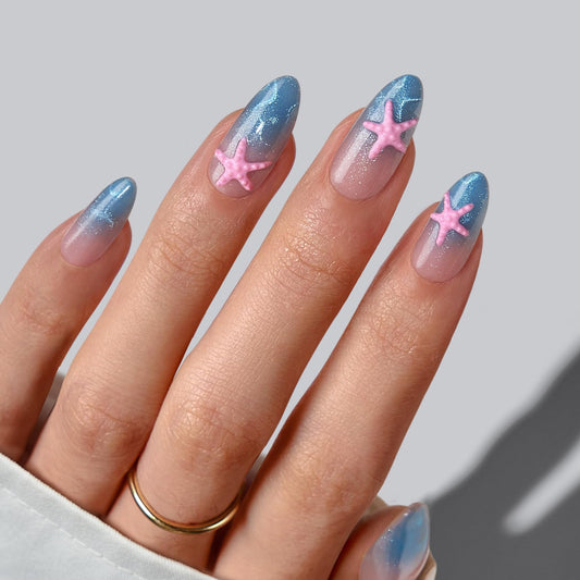BTArtbox Press On Nails Medium - Star Shore, Easy-to-Apply 3D Starfish Blue Cat Eye Almond Press On Nails with Glue and Adhesive Tabs in 15 Sizes - 30 Nails All-in-One Kit