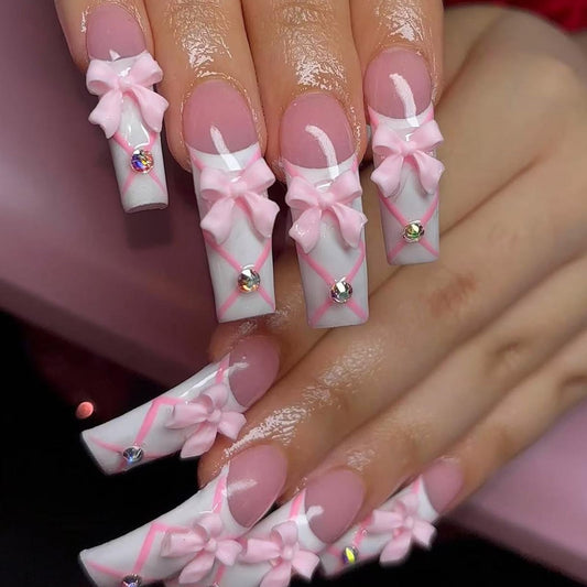 IMSOHOT Extra Long Press on Nails Curved Fake Nails - Pink Bow, Rhinestone Designs White French False Nails Acrylic Artificial Stick on Nails for Women Girls 20Pcs