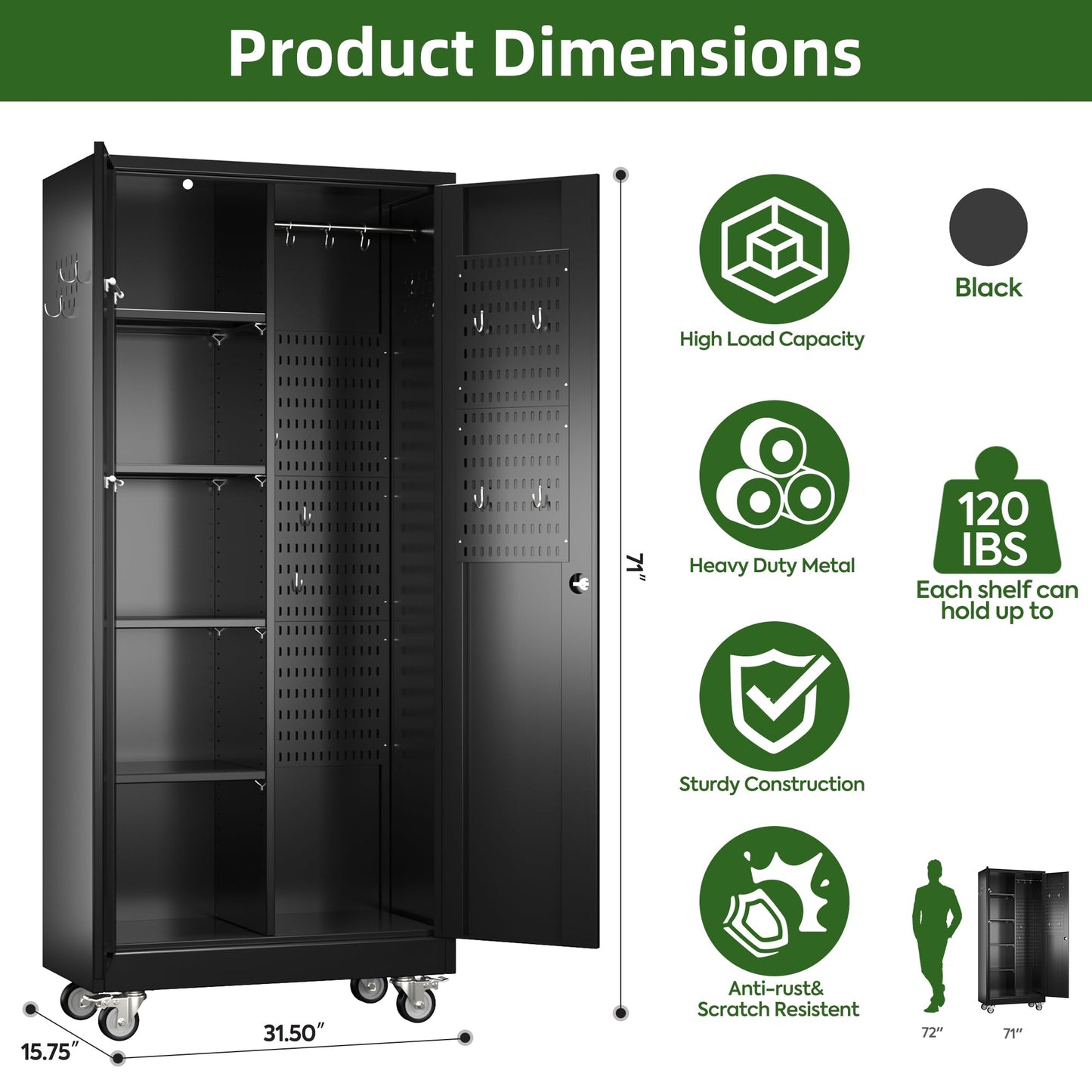 Broom Closet Storage Cabinet with Wheels and Pegboard,Metal Garage Storage Cabinet with Doors and Adjustable Shelves for Garage Home,Required Assembly,Black