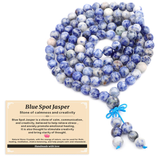 AD Beads 8mm 108 Prayer Mala Blue Spot Jasper Elastic Bracelet - Calmness and Creativity - Handmade Yoga Meditation Healing Power Energy Gifts for Unisex Adult.