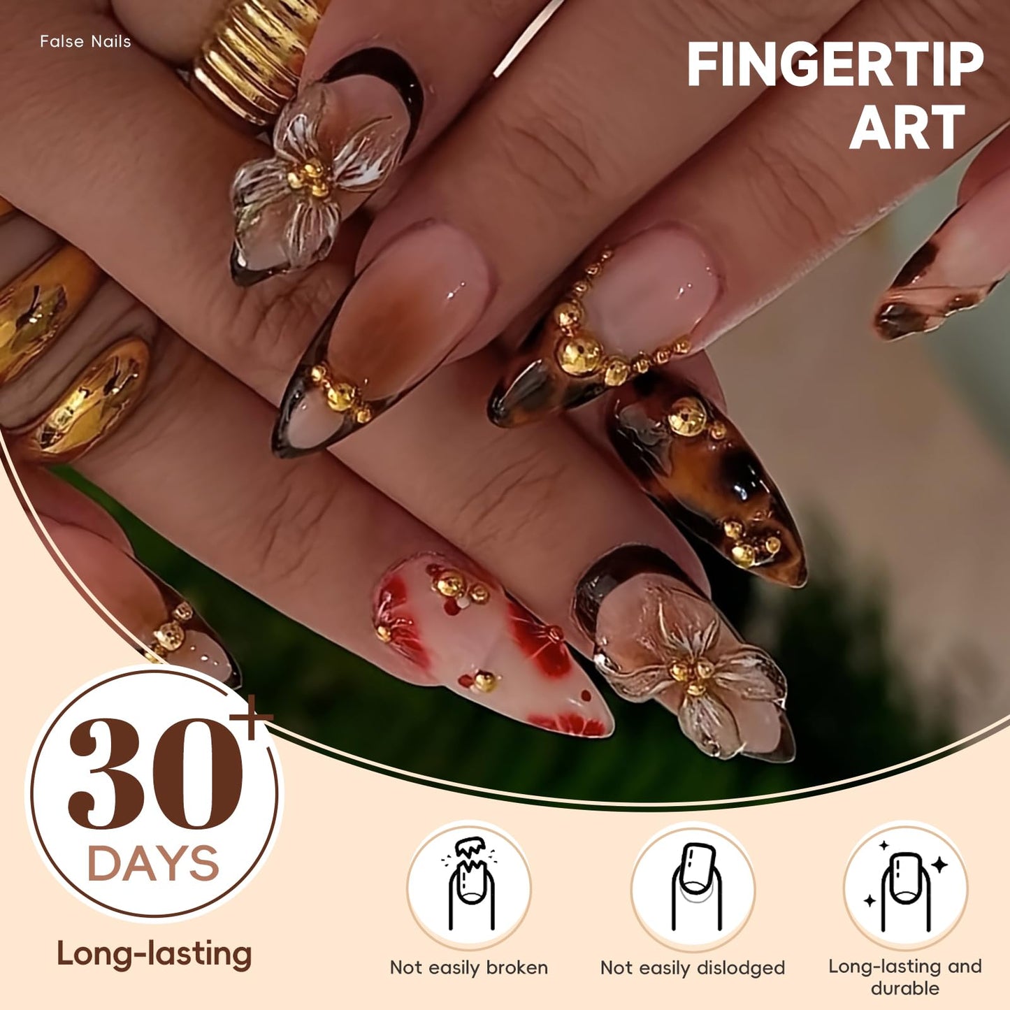 HOSAILY Medium Almond 3D Brown Gold Flower Press on Nails-‎ Tortoiseshell Leopard French Tip Blossom Gradient Design,24Pcs Handmade Fall/Autumn/New Year Glue on Acrylic Fake Nail Press ons for Women