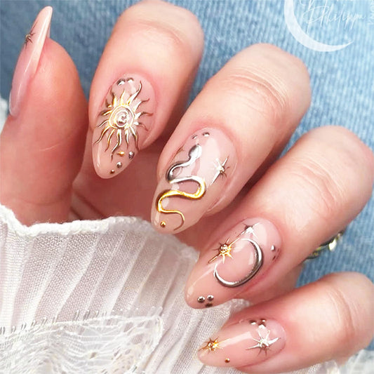 24Pcs 3D Snake Press on Nails Gold Sun Gel Glue on Fingernails Moon Medium Almond Fake Nails Glossy Silver Glitter Stick on Nail Acrylic Full Cover False Nail for Holiday Manicure Art