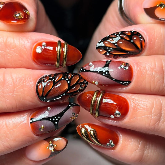 Medium Almond Press on Nails - 3D Charms Fake Nails with Black Red Butterfly Designs False Nails French Tip Glue on Nails Reusable Full Cover Stick on Nails for Women Manicure 24Pcs