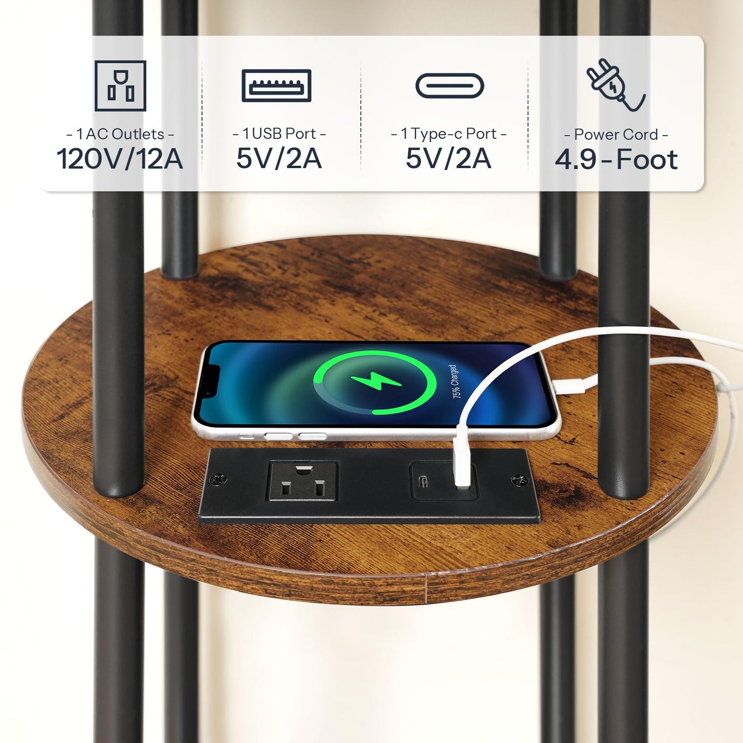 HOOBRO Small Round Side Table, 3-Tier Compact Sofa End Table with Charging Station, Circle Bedside Table Nightstand with Storage, for Small Space, Living Room, Bedroom, Rustic Brown BF219UBZ01
