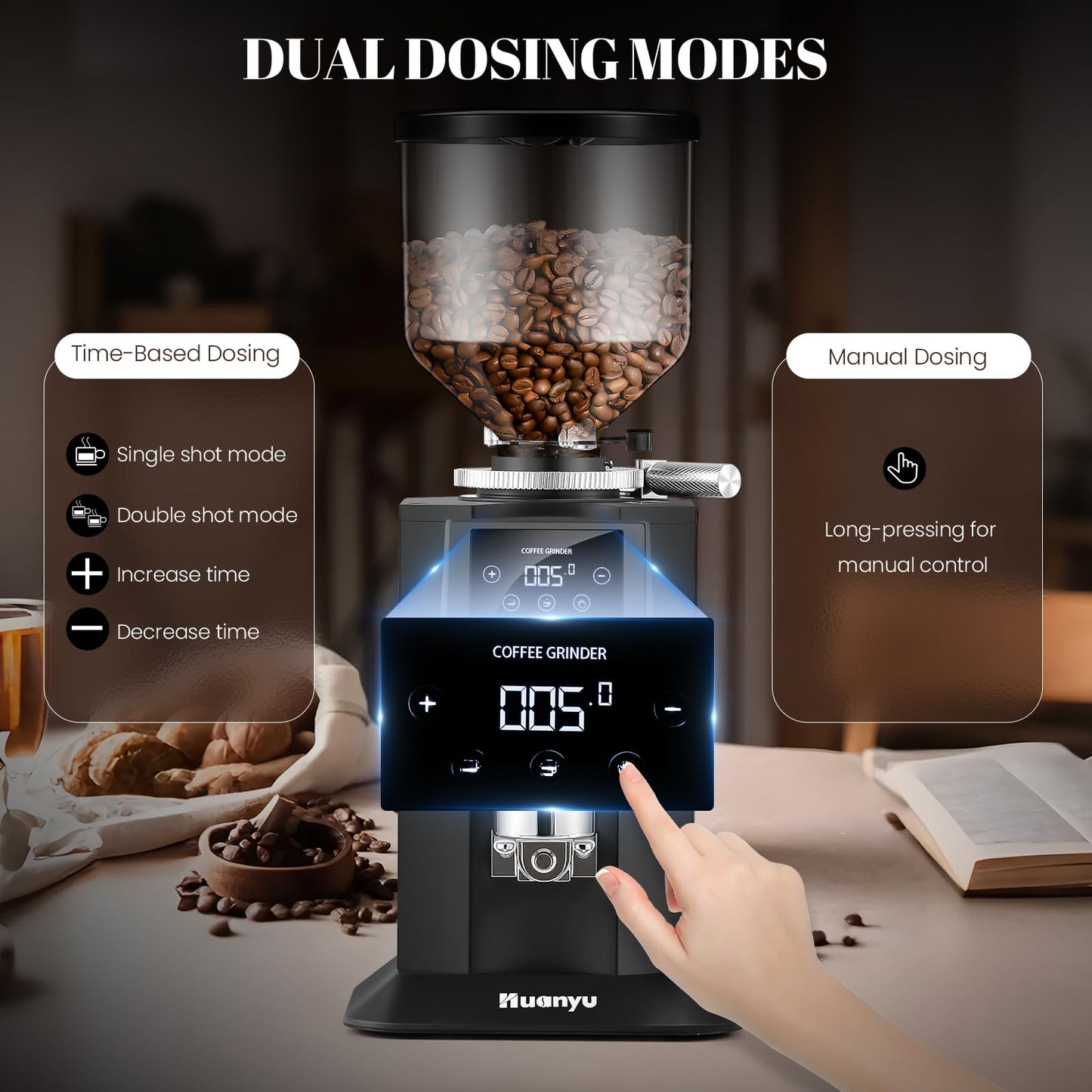 Huanyu Commercial Coffee Grinder with 74mm Flat Burr Reinforced 53oz Bean Hopper (40% Thicker), 15 Stepless Grinds, Touch Screen Black
