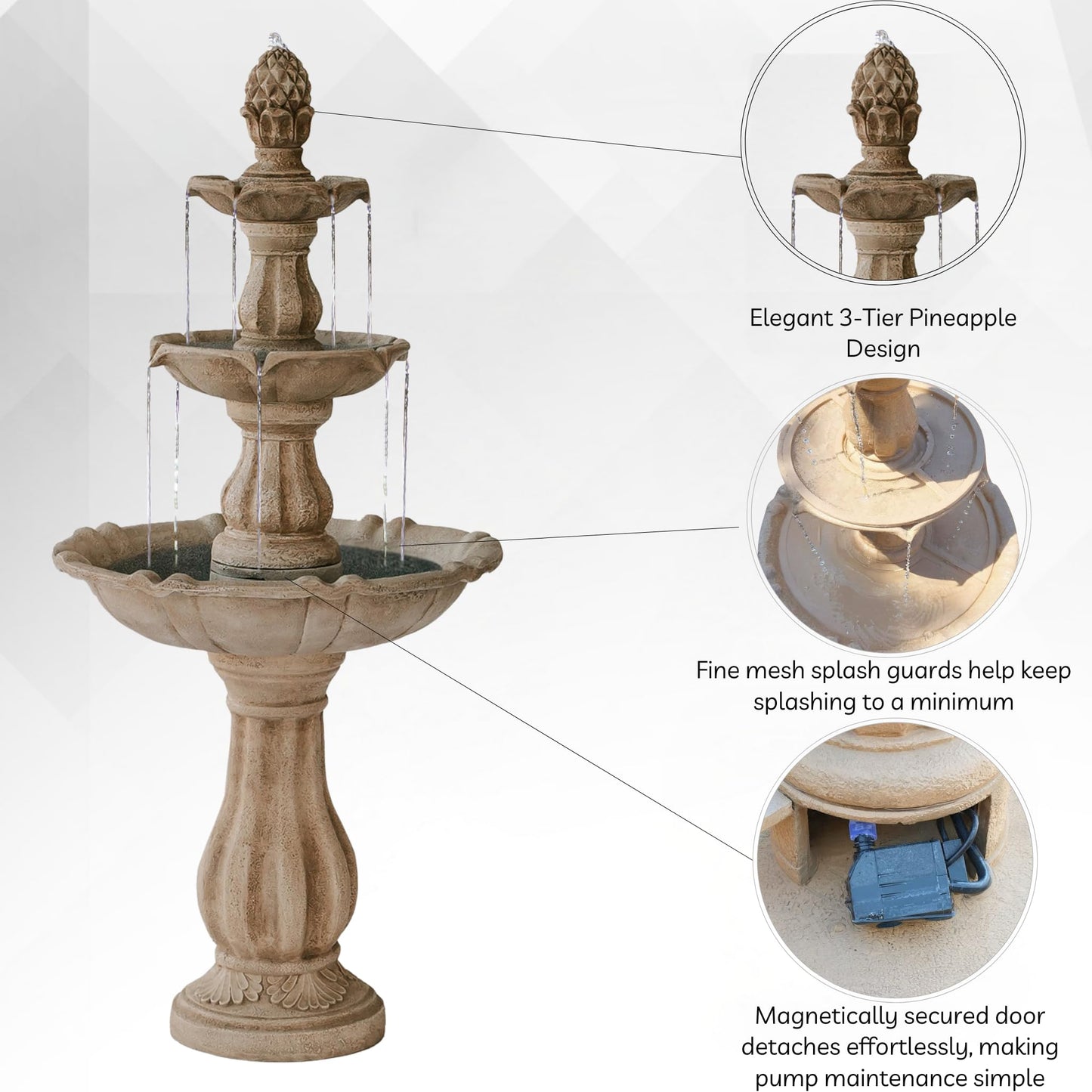 XBrand 51" 3-Tier Outdoor Waterfall Fountain, Weather-Resistant Resin Freestanding Water Feature with Pump, Beige