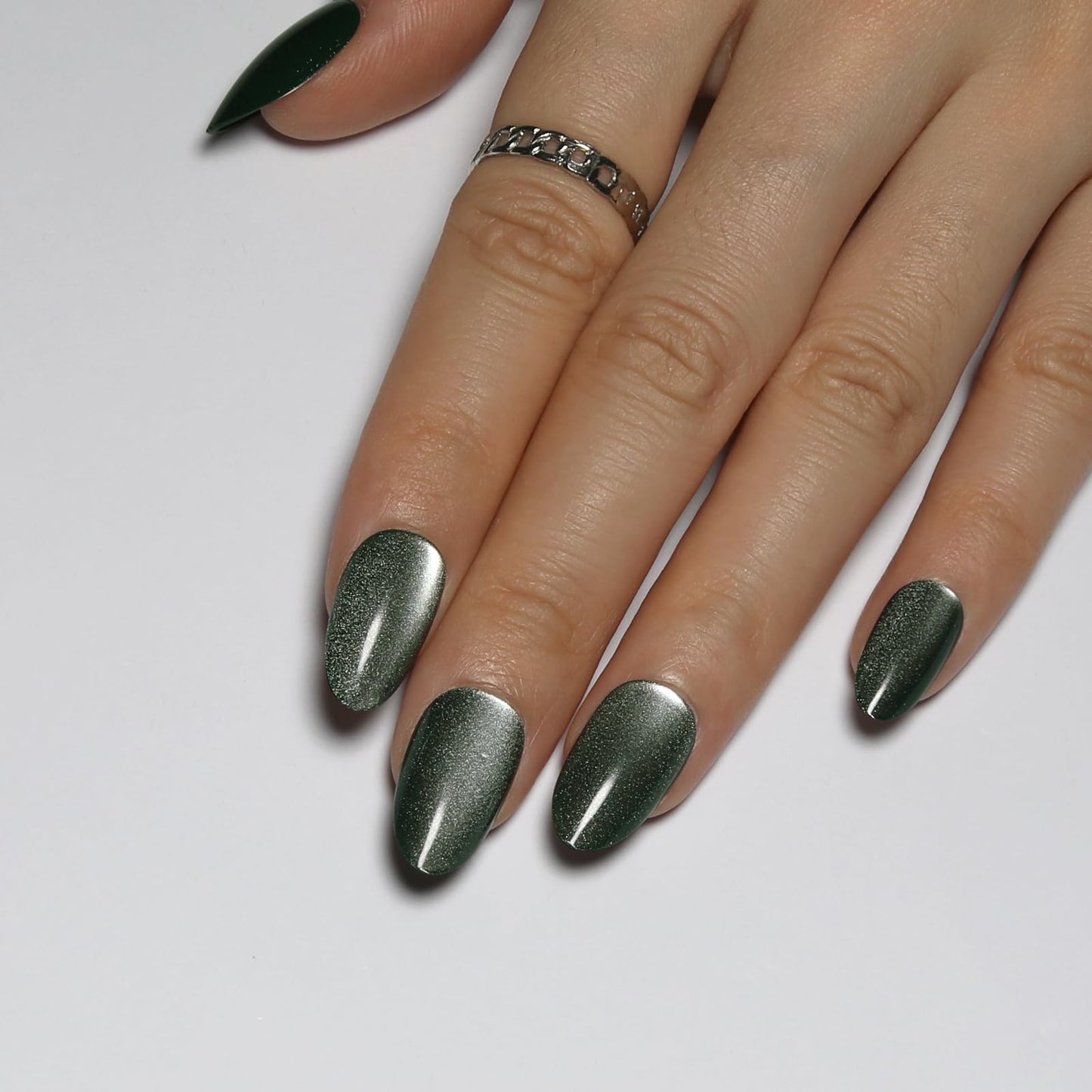 Almond Press On Nails Short, Green Cat Eye Press on Nails with Glue for Women Ashionable Gel False Nails Reusable Acrylic False Nails Women's Glitter Nails Glue On Nails Kit, Avocado Green