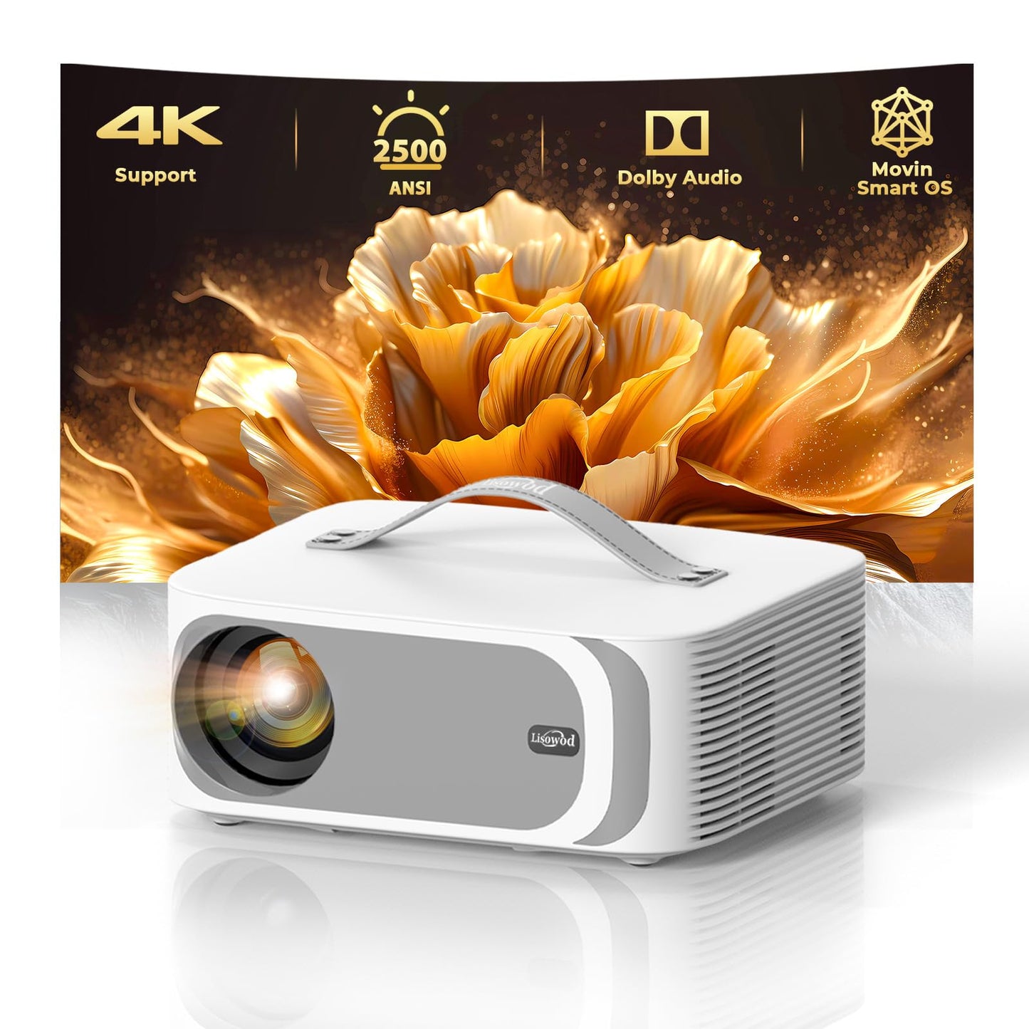 Outdoor-Projector-4k with WiFi and Bluetooth, 2500 ANSI & Official-Apps & AI Movin 2.0 OS, 35W DoIby Smart Proyector with AI Auto Focus HDR10+, Lisowod 4k Portable Projector for Bedroom/Celling/Home