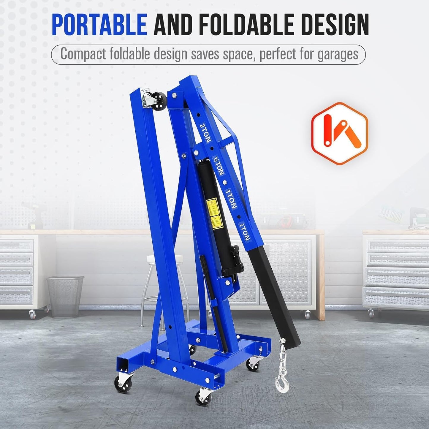 GarveeTech 2 Ton Folding Engine Hoist, Cherry Picker Engine Hoist, 4400 LBS Heavy Duty Hydraulic Shop Crane with Telescopic Boom and 6 Casters Engine Lifter for Automotive Repair