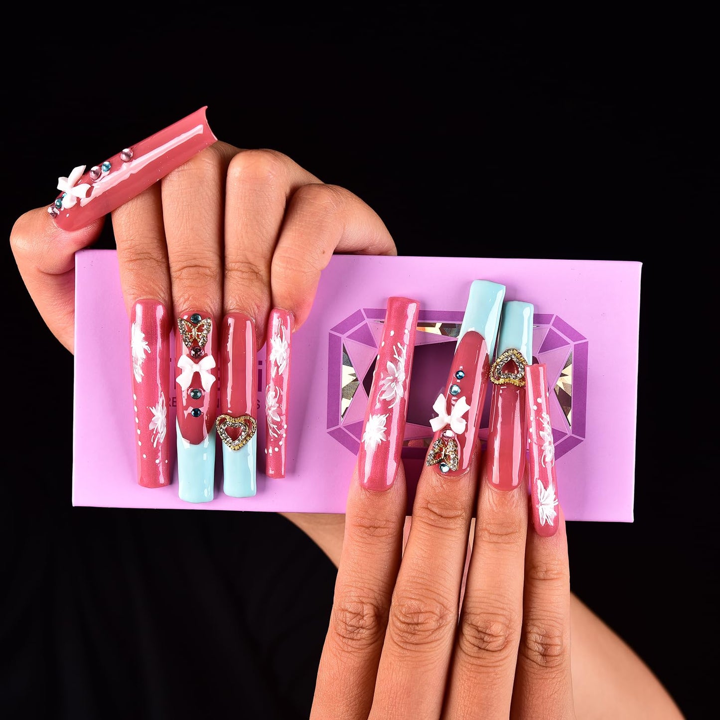 Tmani 10pc/set Extra Long Handmade Press On Nail Hot Girl's Long Ballet Nails Square Nail Full of Diamond Glitter Decoration Fake Nails Suitable For Girls Festival Parties and Birthday Gift (185,L)