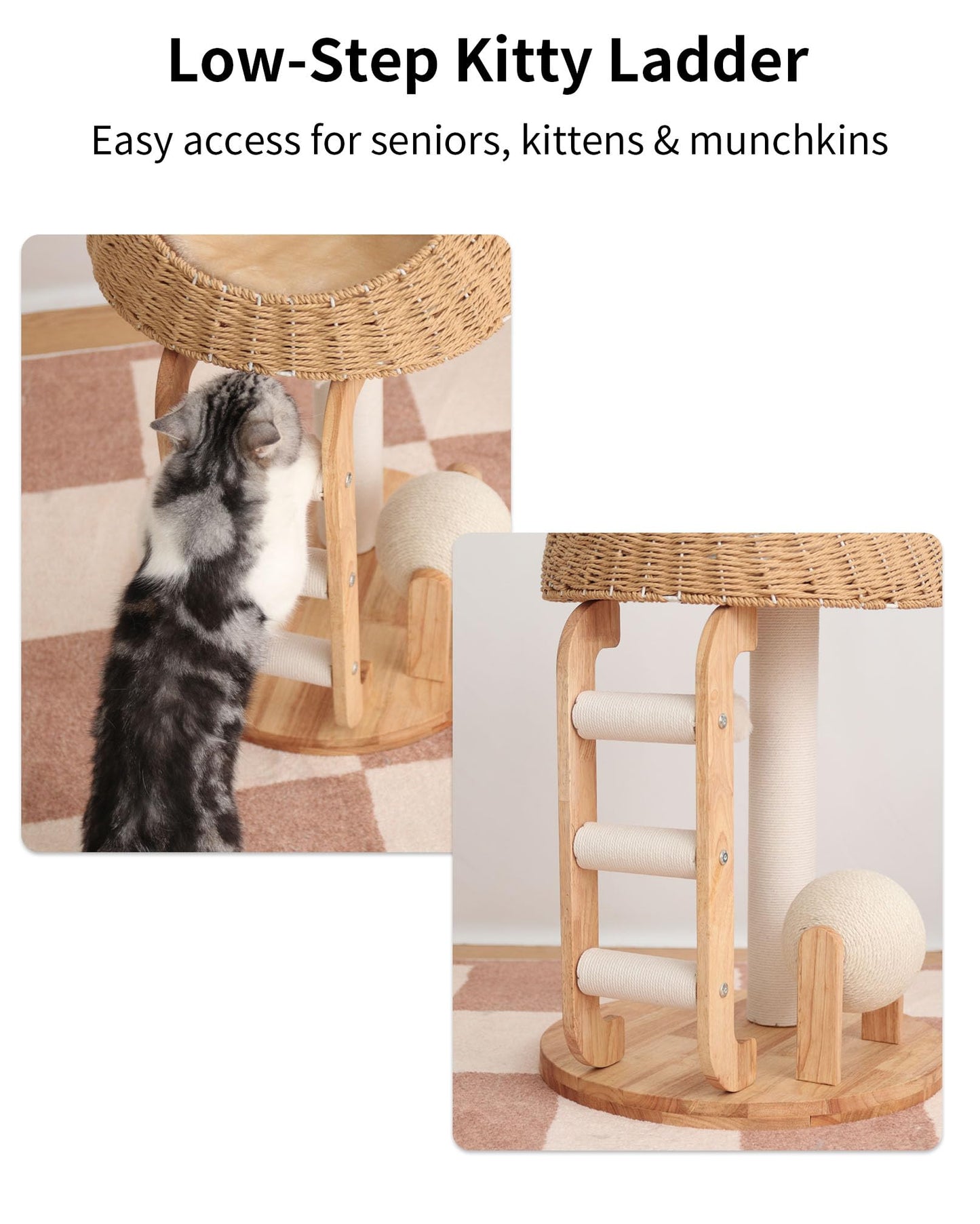 PETTIFUL Wood Cat Tree for Large Cats, Modern Cat Tree Tower with Wide Shelves Cotton Scratching Posts, Super Sturdy Base, Cozy Perches, and Interactive Toys for Indoor Kittens