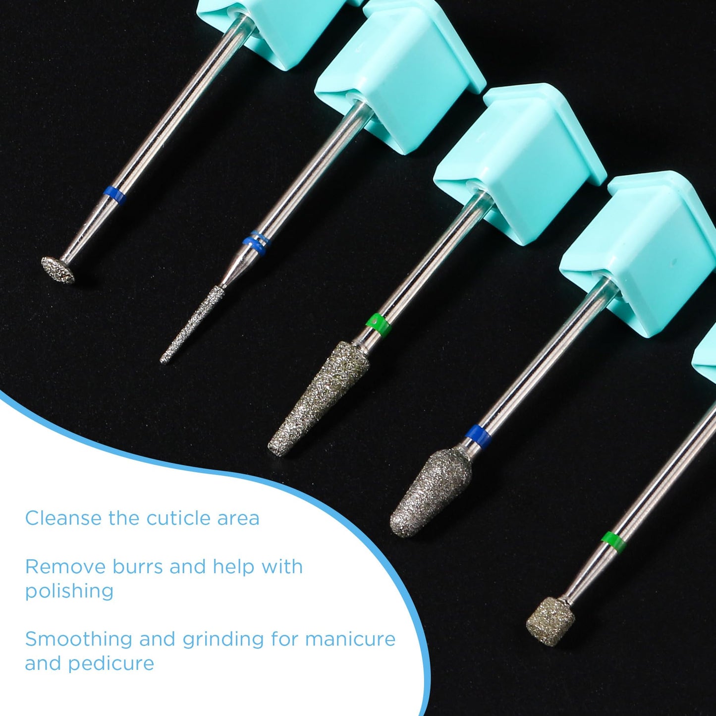 QUNZHAO 5Pcs Diamond Nail Drill Bits Sets Emery tool, 3/32'' Professional Drill Machine Accessories for Under Nail Dead Skin Cleaning(Green 02 set)